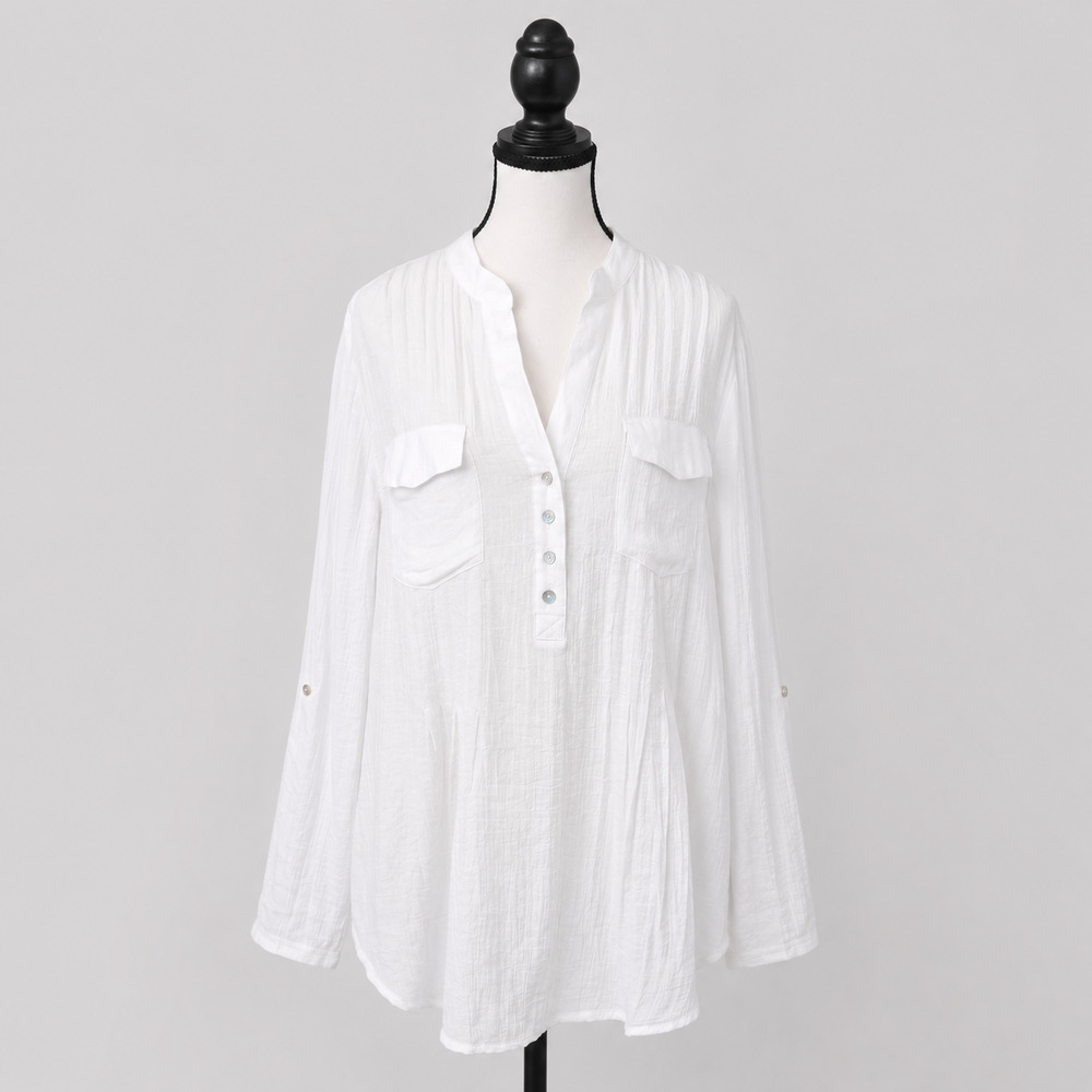 Zac & Rachel Popover Top Womens Large White Roll Tab Sleeves Lightweight NWT